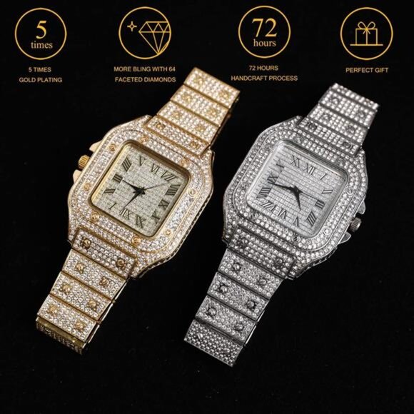 Men’s Diamond Watch - The King - 18K Gold/Platinum Plated, 40MM Square Dial - Picture 5 of 7